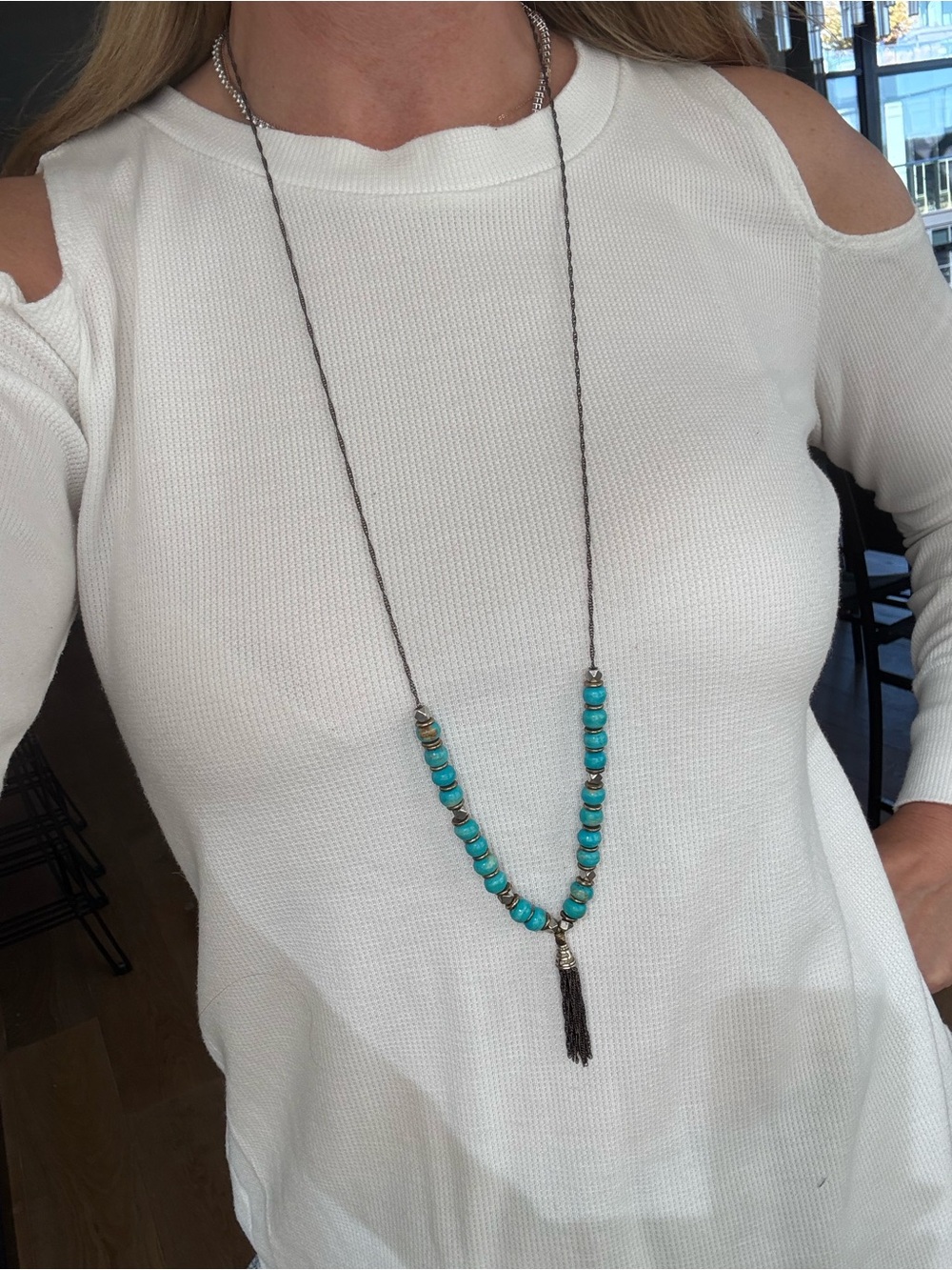 Turquoise Bead Tassel Long Necklace - Women Jewelry